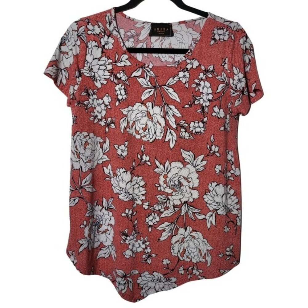 Amana Womens Red Floral‎ Short Sleeve Blouse Size Medium Boho Stretch Asymetric